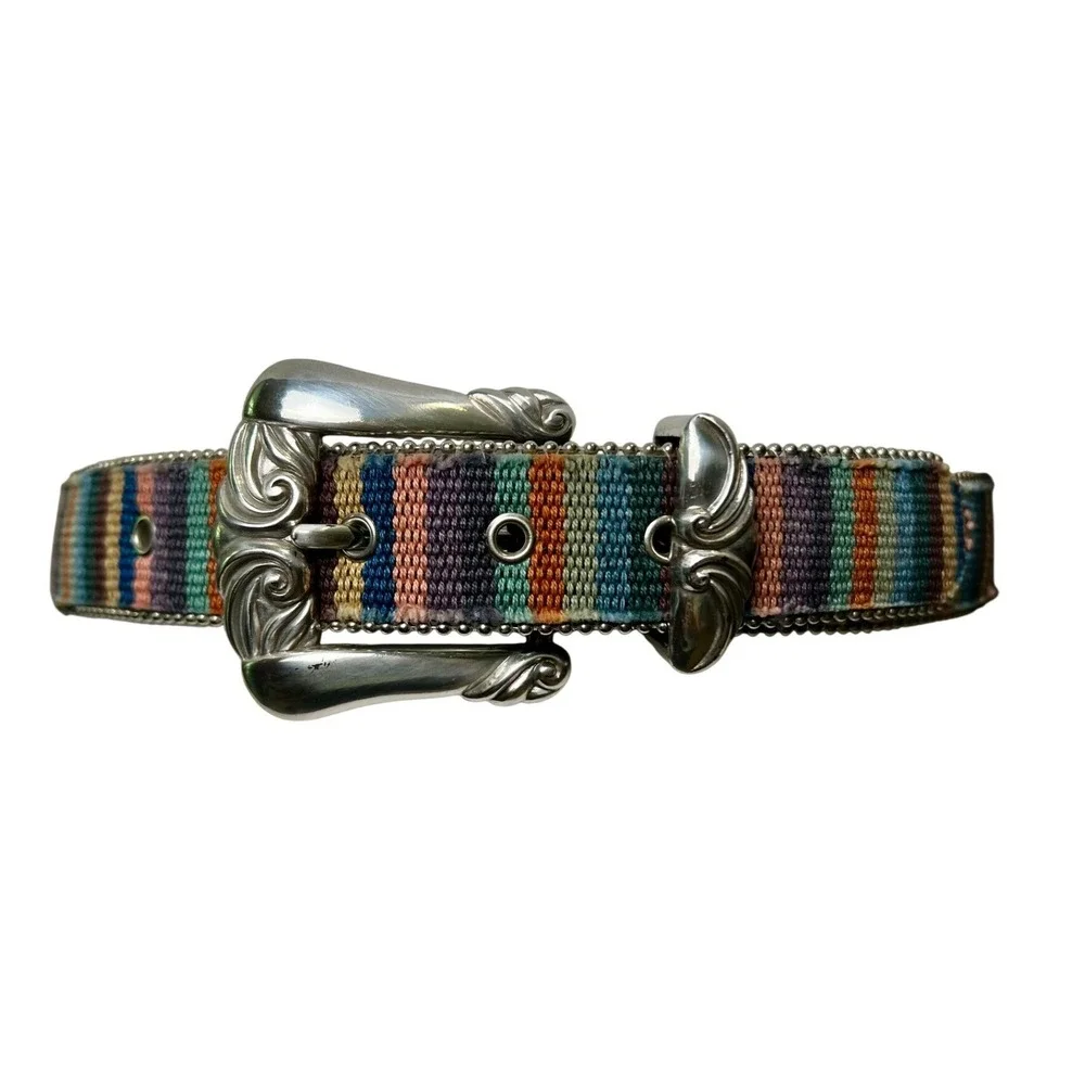 Elite Fresno California Vintage 1997 Western Striped Woven‎ Belt Silver Buckle M